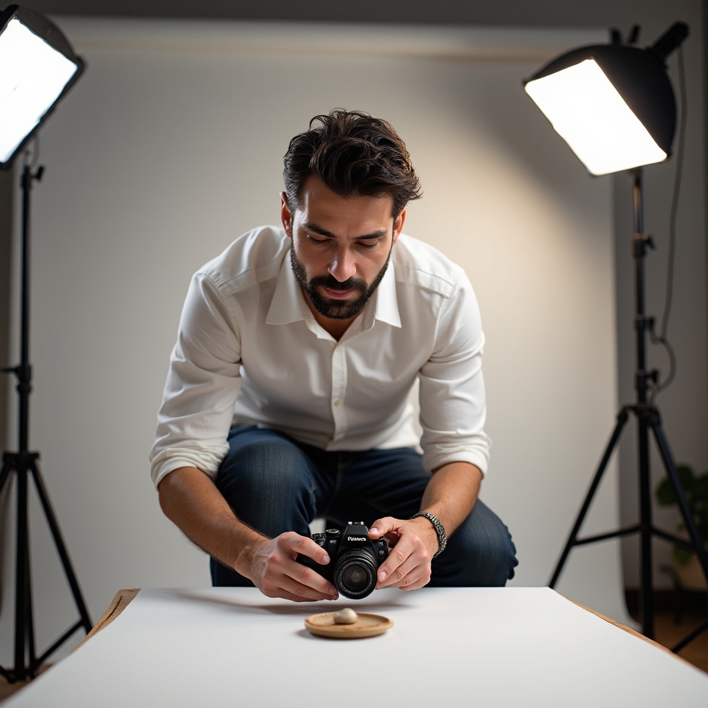 Fotografo che allestisce un set per prodotti artigianali