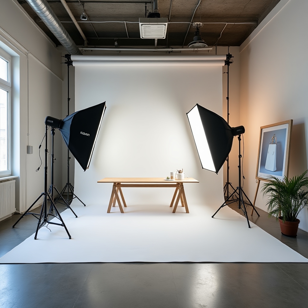 Interno dello studio fotografico con fondali e luci professionali